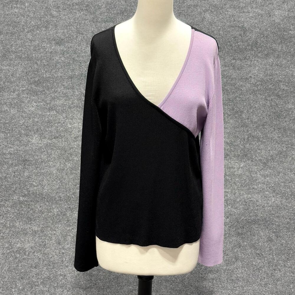 Style&co. Sweater Womens XL Black Purple Colorblock Pullover V Neck Long Sleeve